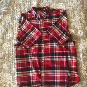 Red white and blue plaid short sleeved men’s shirt